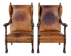 Carved Oak and Leather Armchairs, 1890, Set of 2