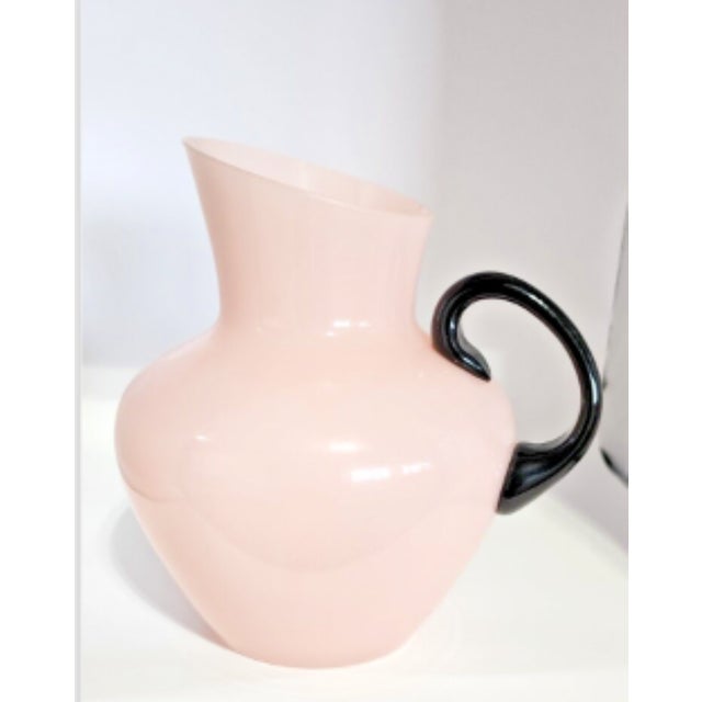 1920s Antique Pink French Opaline Glass Pitcher, Applied Black Glass Handle For Sale - Image 5 of 11