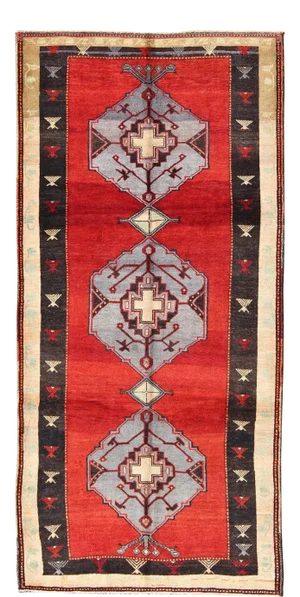 Vintage Turkish Oushak Rug With Bold Crimson Field and Gray Geometric