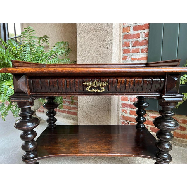 1910s Antique English Hall Sofa Table Sideboard Carved Oak Bobbin Leg C1910 For Sale - Image 5 of 12