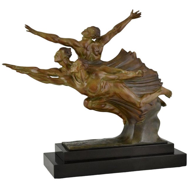 Art Deco bronze sculpture of 3 athletes, Allegory of speed by Robert Delandre. La Vitesse. Patinated bronze on a Belgian...