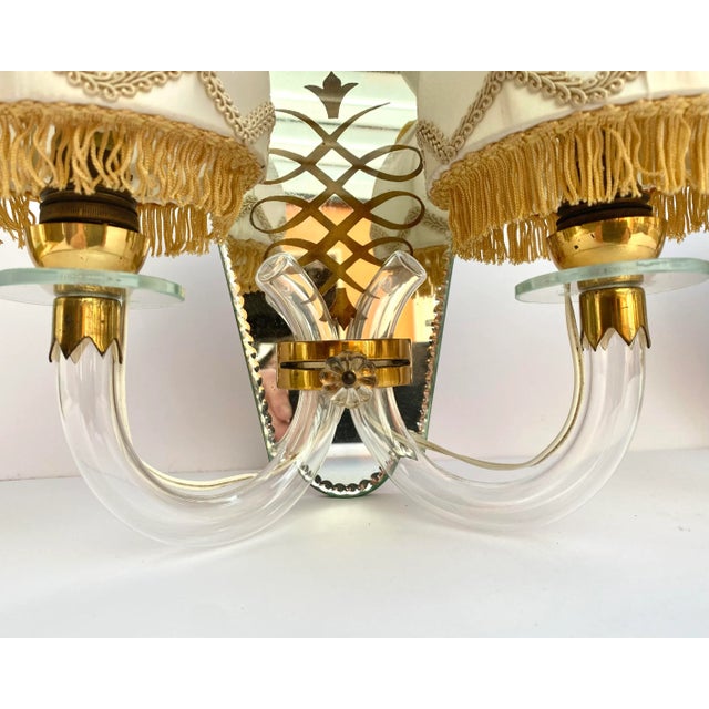 Art Deco Mirrored Brass Wall Sconces with Textile Shades, Italy, 1920s, Set of 2 For Sale - Image 6 of 10