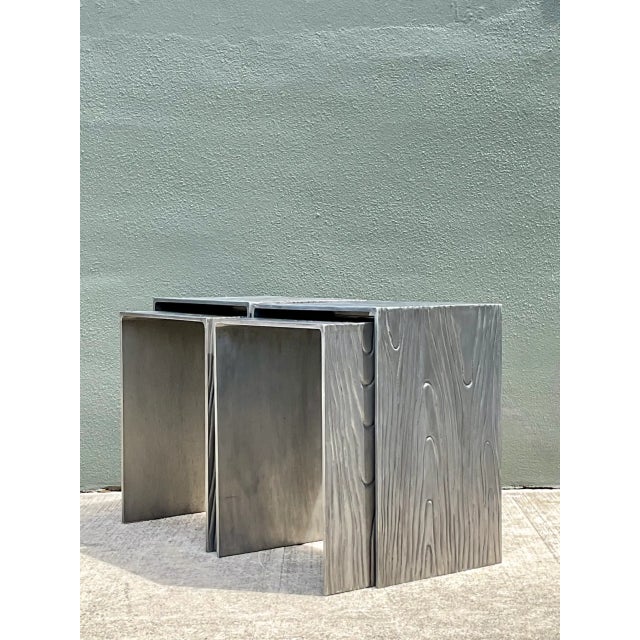 Mid-Century Modern Vintage Wood Grain Metal Nesting Tables - Set of 4 For Sale - Image 3 of 12