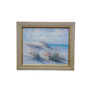 Late 20th Century Remington Coastal Seascape Beach Sand Dunes Seagulls Oil Painting 12" For Sale