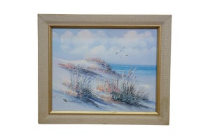Late 20th Century Remington Coastal Seascape Beach Sand Dunes Seagulls Oil Painting 12"
