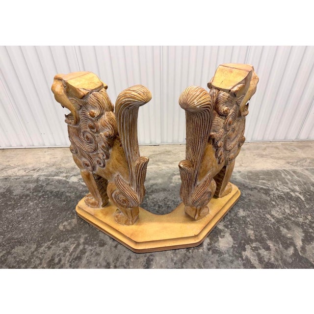 Sarreid Ltd. Vintage Hand Carved Architectural Chinese Guardian Lions “Foo Dogs” Console Table Circa 1970s For Sale - Image 4 of 9