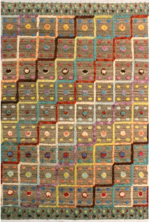 1990s Shabby Chic Moroccan High-Low Pile Arya Tan/Blue Wool Rug (8'2 X 10'3)