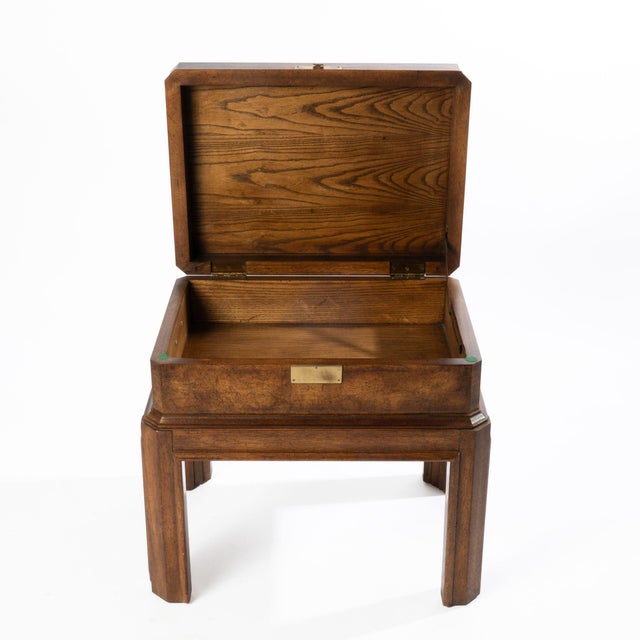 Campaign 1970s Vintage Elm Burl Wood Lift Top Campaign Style Chest For Sale - Image 3 of 11