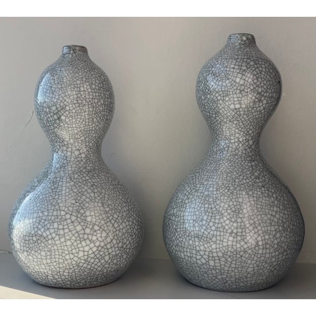 Mid-Century Modern Vintage Japanese Raku Crackle Glaze Studio Art Pottery Showa Period Gourd Shape Vases - A Pair For Sale - Image 3 of 17