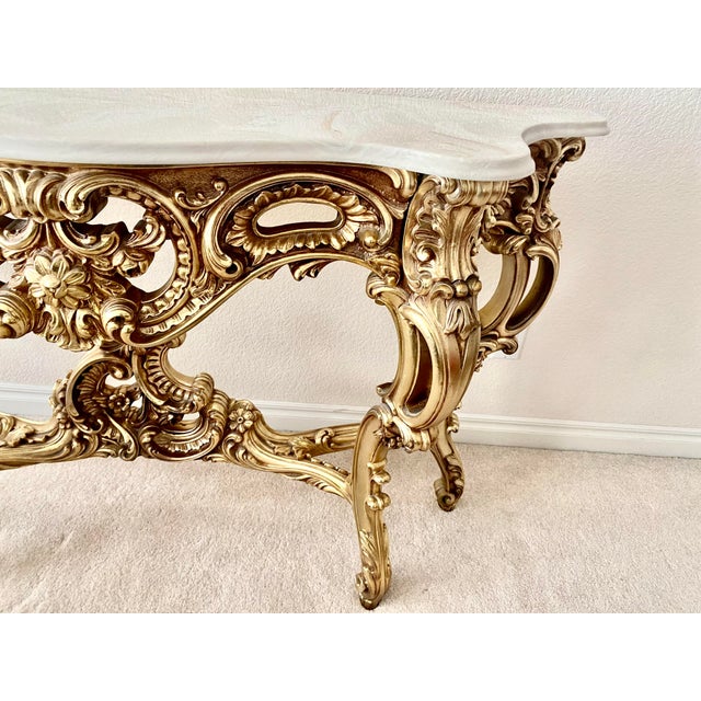 Wood French Louis XV Style Vintage Giltwood Rococo Carved Console Table Vintage For Sale - Image 7 of 15