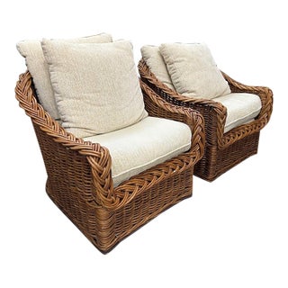 Vintage Rattan Braided Wicker Lounge Chairs, a Pair For Sale
