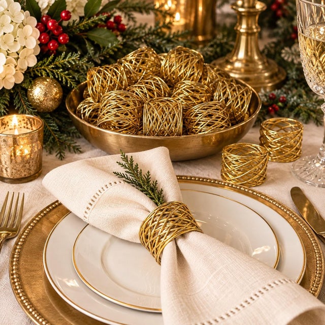 A dramatic set of 14 vintage gold-tone metal napkin rings featuring an airy, sculptural design of intertwined metal...