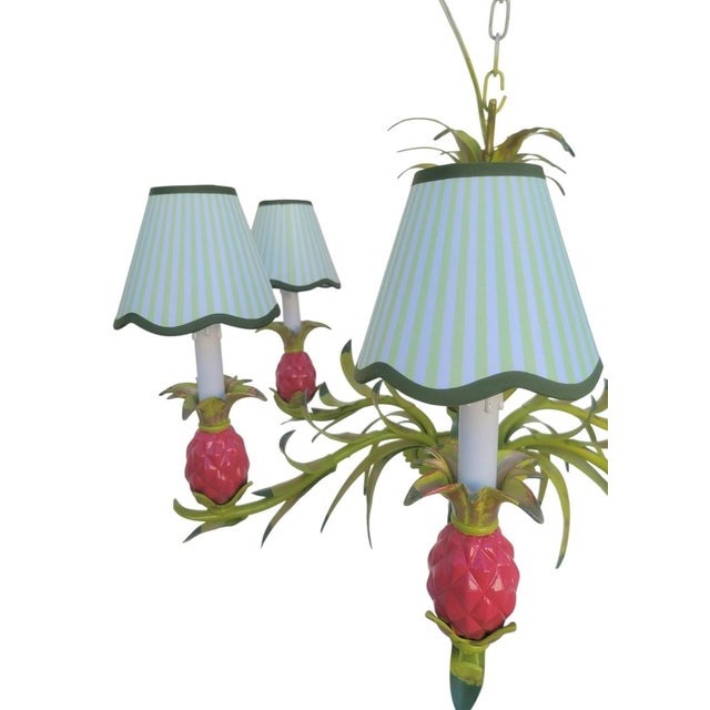 1990s Vintage Custom Hand Painted Palm Beach Regency Pink Green Pineapple 6 Light Chandelier W/ Striped Shades For Sale - Image 5 of 12