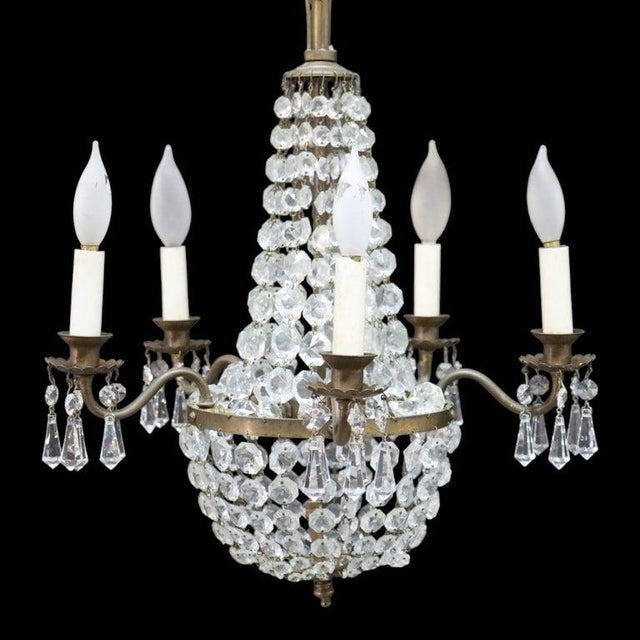 Vintage Italian Brass & Cut Crystal 5 Light Chandelier C1950 For Sale - Image 4 of 8