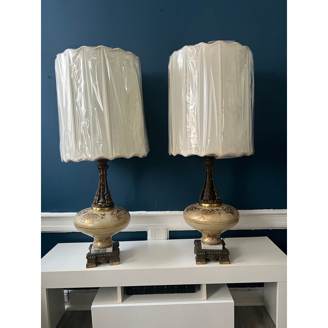 Monumental Hollywood Regency Marble, Hand-Painted Glass & Bronze Table Lamps — 40.75” - a Pair For Sale - Image 4 of 18
