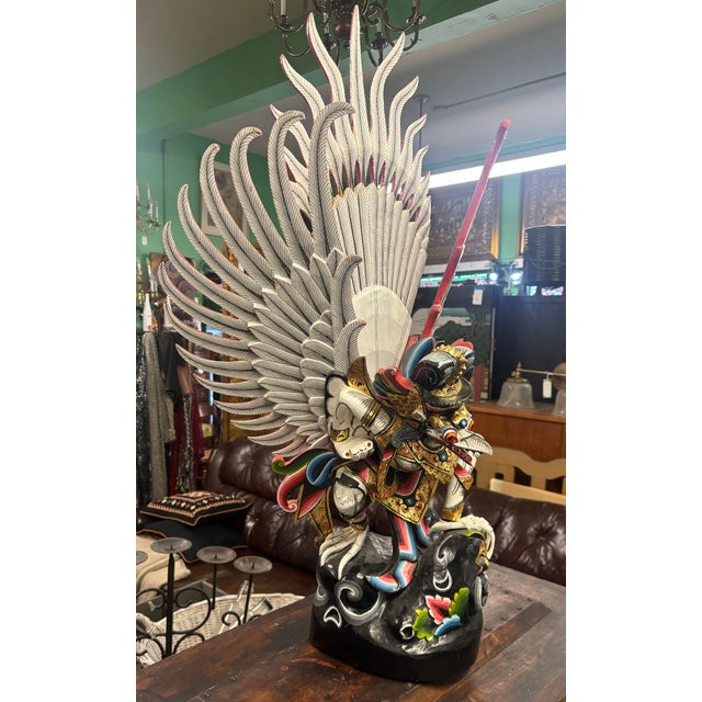 1970s Large Hand-Carved Balinese Garuda Wood Statue Winged Hindu Figure For Sale - Image 5 of 11