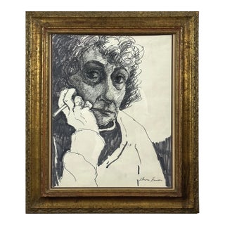 Elnora Hauser - Vintage Expressionist Self Portrait Smoking, Signed (C. 1950, Mixed Media on Paper) For Sale
