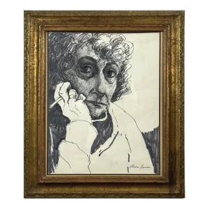 Elnora Hauser - Vintage Expressionist Self Portrait Smoking, Signed (C. 1950, Mixed Media on Paper)