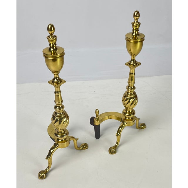 Metal Pair of Vintage Brass Urn & Spiral Federal Style Flame Top Andirons – Claw & Ball Feet For Sale - Image 7 of 13