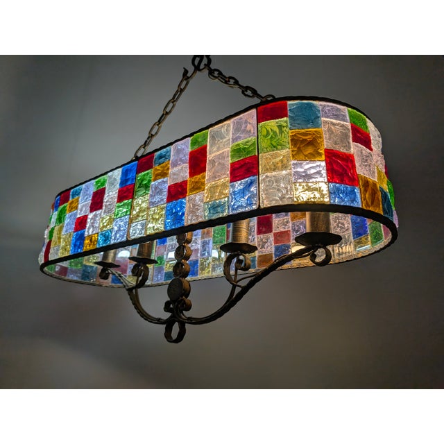 Large Italian Multicolor Hammered Glass and Wrought Iron Lamp, 1990s For Sale - Image 6 of 15