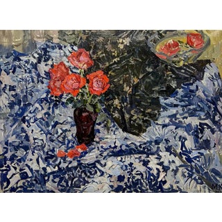 Maya Kopitzeva, Red Roses on Blue Tablecloth, 1970s, Oil on Canvas For Sale