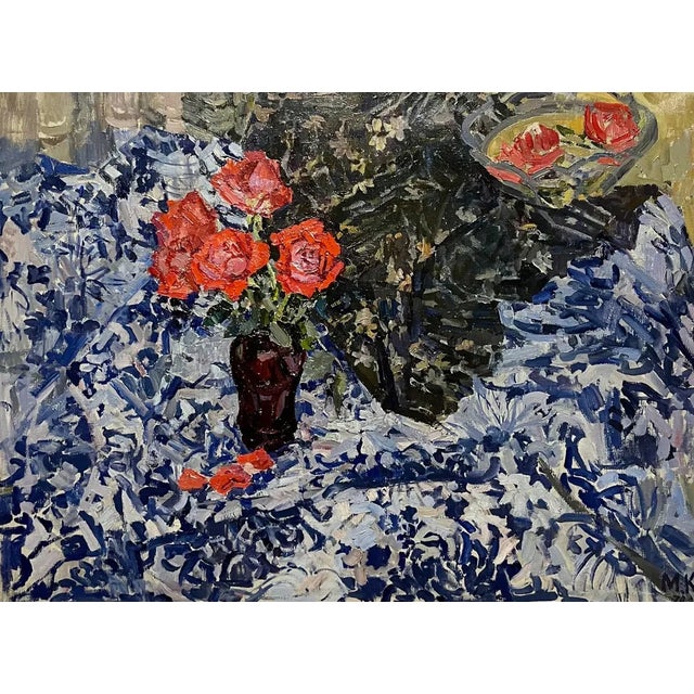 Maya Kopitzeva, Red Roses on Blue Tablecloth, 1970s, Oil on Canvas For Sale