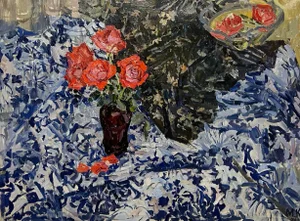 Maya Kopitzeva, Red Roses on Blue Tablecloth, 1970s, Oil on Canvas
