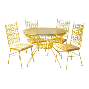 Mid 20th Century Styled After Arthur Umanoff Vintage Yellow Patio Dining Set With Glass Top Table and Four Chairs
