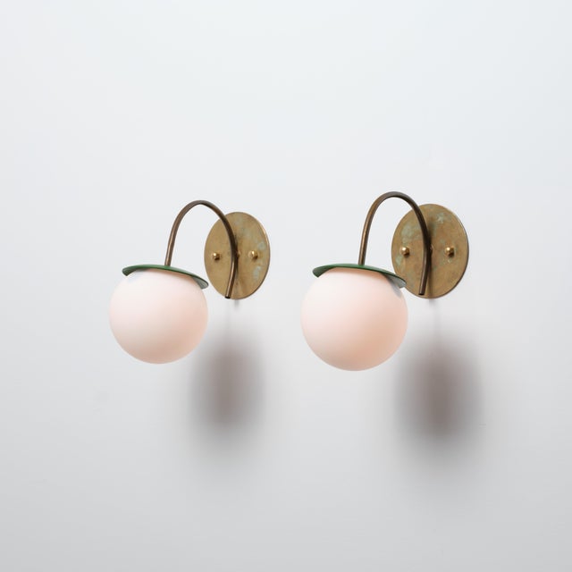 Vintage Italian Brass Wall Lamps with Green Details and Opaline Globes, 1950s, Set of 2 For Sale - Image 4 of 15