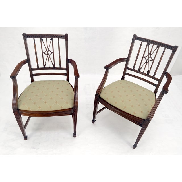 Pair of Very Fine Carved Mahogany Open Arm Faux Bamboo Arrows Armchairs MINT