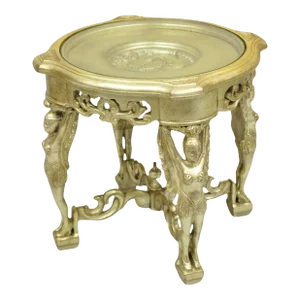 Mid 20th Century Vintage Art Deco Carved Female Dancer Silver Gold Round Coffee Side Table