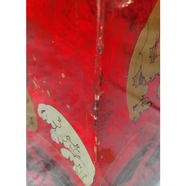 Rare Vintage Chinoiserie Red Lacquered Pedestal Bird Floor Lamp With Huge Linen Shade For Sale - Image 9 of 12