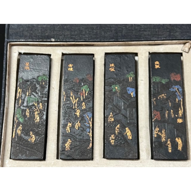 Chinese Set of Sixteen Chinese Art Calligraphy Black Ink Sticks With Landscape and Poem Decoration For Sale - Image 3 of 14