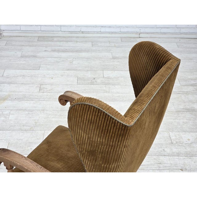 Scandinavian Wingback in Corduroy and Carved Oak, 1970s For Sale - Image 16 of 18