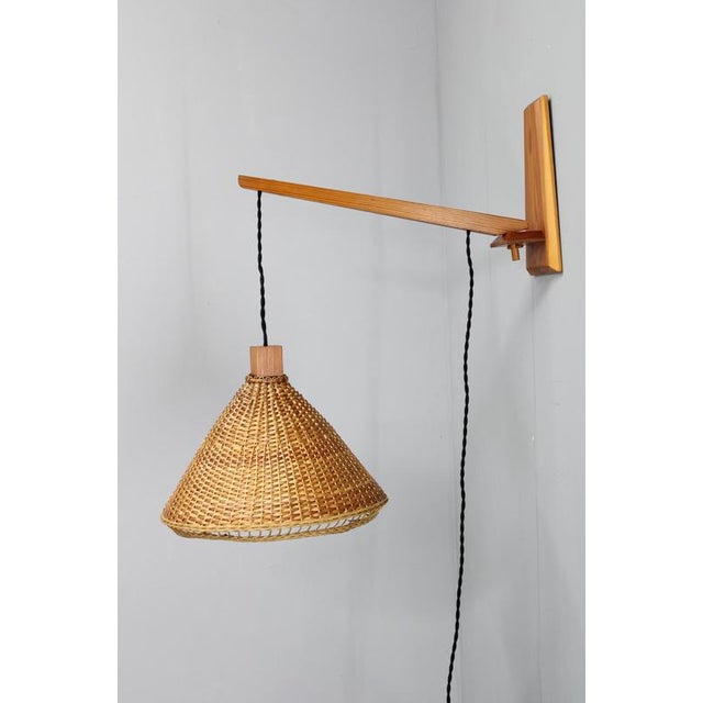 1970s Mid-Century Adjustable Wooden Wall Light with Rattan Shade, 1970s For Sale - Image 5 of 13
