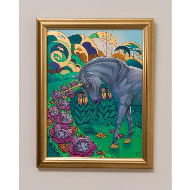 In "The Unicorn's Garden," a serene unicorn stands amidst a whimsical landscape filled with vibrant flowers and playful...