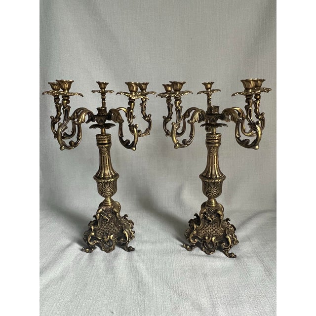 ThatKateGirl is pleased to offer this pair of antique French Rococo Style brass candelabras with 5 arms. These candelabras...