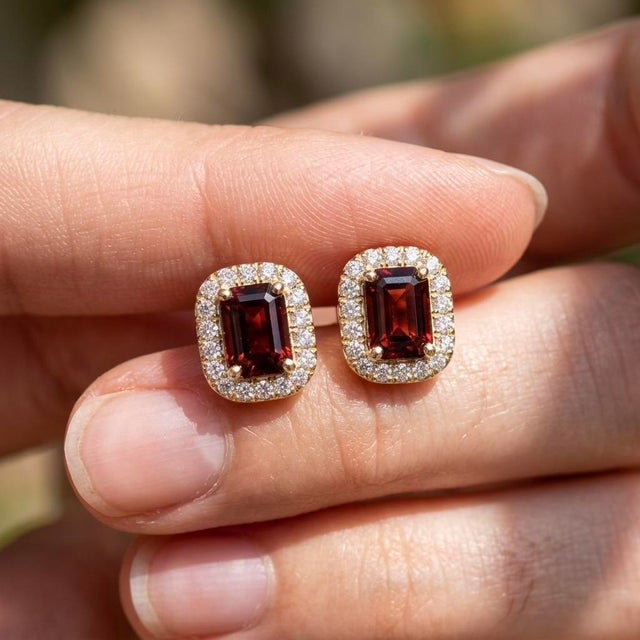 Contemporary Natural Garnet Stud Earrings | Vintage Halo Cluster Earrings | January Birthstone Jewelry - A Pair For Sale - Image 3 of 3