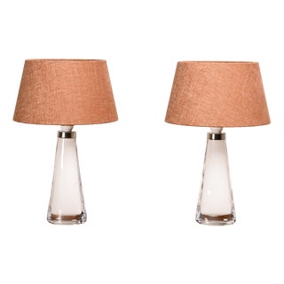 White Glass Table Lamps with Dark Ochre Shades by Carl Fagerlund for Orrefors Sweden, Set of 2 For Sale