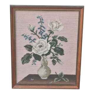 Vintage Hand-Stitched Floral Bouquet in Vase Framed Needlepoint Panel For Sale
