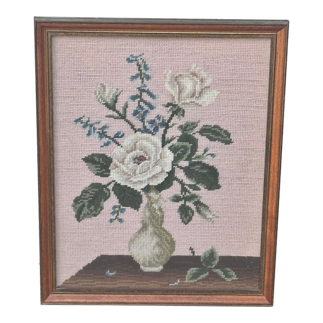 Vintage Hand-Stitched Floral Bouquet in Vase Framed Needlepoint Panel For Sale