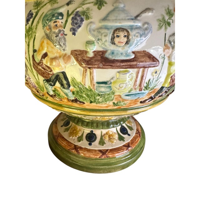 Ceramic Vintage Majolica Style Covered Tureen With Gnomes and Wing Gryphon Handles For Sale - Image 7 of 12