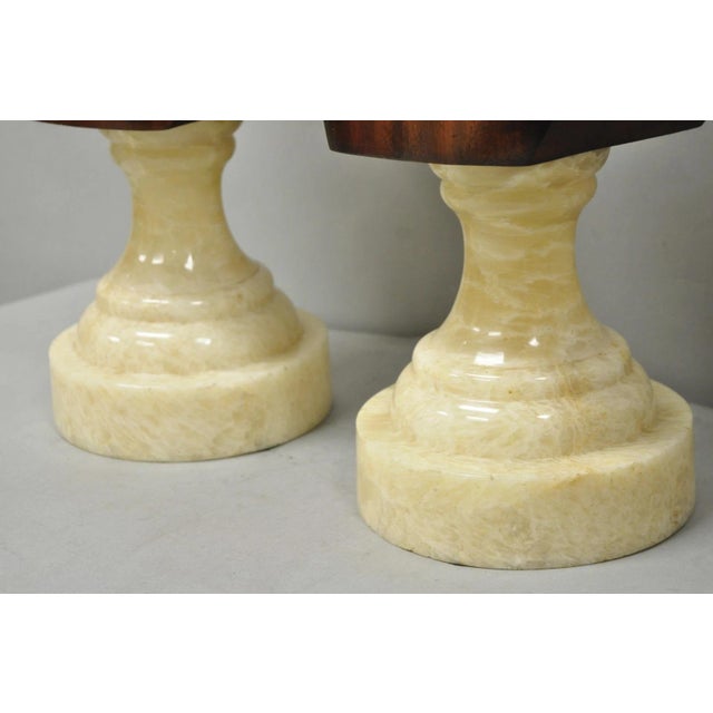 Late 20th Century Classical Maitland Smith Style Carved Mahogany Wood Bust on Alabaster - A Pair For Sale - Image 11 of 15