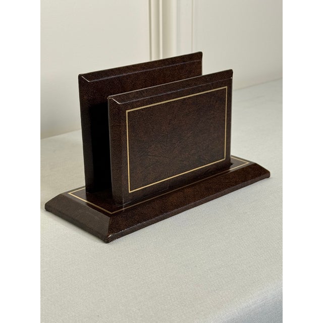 Vintage Traditional Genuine Brown Leather Gold Tooling Letter Holder Desk Set For Sale - Image 4 of 10