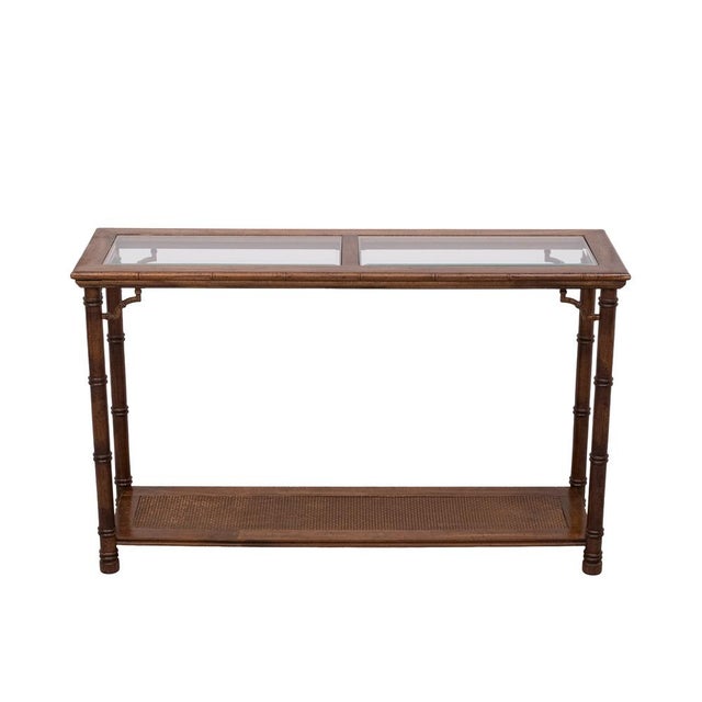 Beautiful two tier Faux Bamboo console table, comes with beveled glass tops, and a Wicker tray below. Nutwood. Chinese...