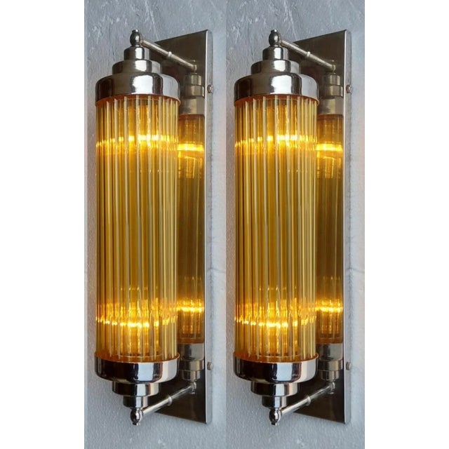 Pair Skyscraper Vintage Art deco light Old Lamp Wall Sconces Fixture Nickel Brass & Amber Glass Rod Ship Light Excellent...