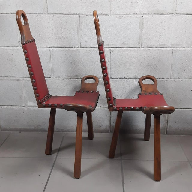 Spanish Brutalist Chair in Wood & Red Leather, 1960s, Set of 2 For Sale - Image 4 of 18