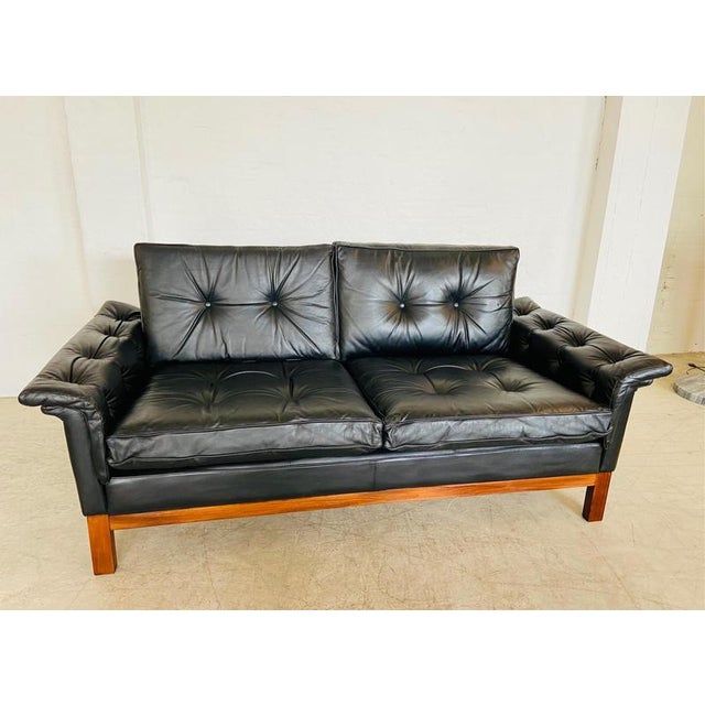 Ikea Vintage Scandinavian Black Buttoned Leather Sofa from Ikea, 1960s For Sale - Image 4 of 18