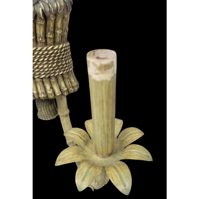 Vintage Faux Bamboo Tassel Pale Green Palm Leaf Raffia Shade 2 Arm Wall Sconce Lamp For Sale - Image 9 of 10
