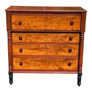 Antique Federal Tiger Maple Chest of Drawer With Original Red Wash & Grain Paint For Sale